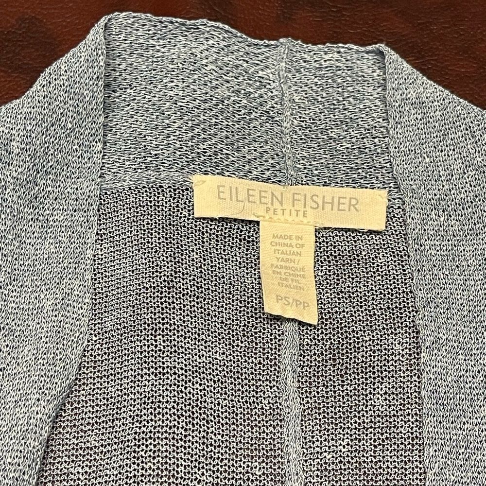 Eileen Fisher blue short‎ sleeve open front cardigan hip length, petite small